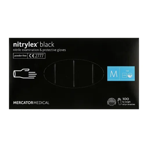 Рукавички нітрилові, нестерильні, неприпудрені, розмір М (100 шт), колір: ЧОРНИЙ Nitrylex Black Mercator Medical