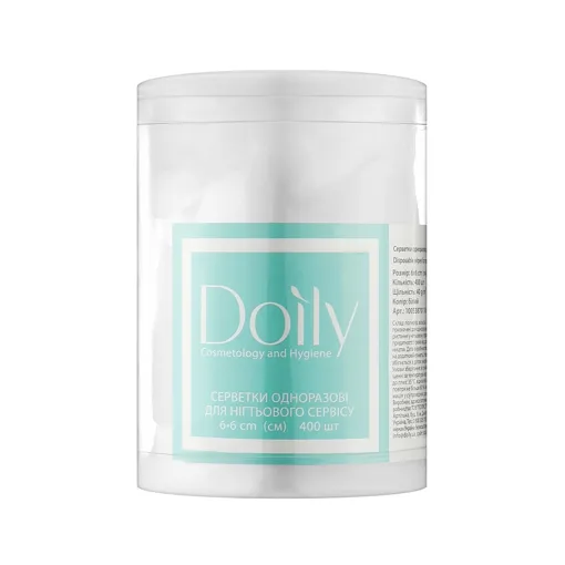 Серветки одноразові для нігтьового сервісу 6*6 см безворсові зі спанбонду 40 г/м2 (400 шт в тубусі) колір: білі Doily