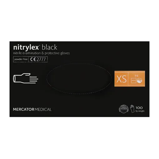 Рукавички нітрилові, нестерильні, неприпудрені, розмір XS (100 шт), колір: ЧОРНИЙ Nitrylex Black Mercator Medical