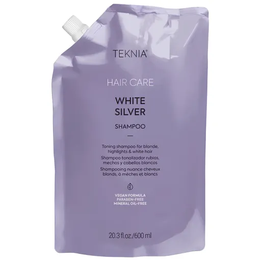 Шампунь тонувальний для нейтралізації жовтого відтінку на світлому, мелірованому та сивому волоссі Doupack, 600 мл 44009 Shampoo WHITE SILVER Hair Care TEKNIA LAKME
