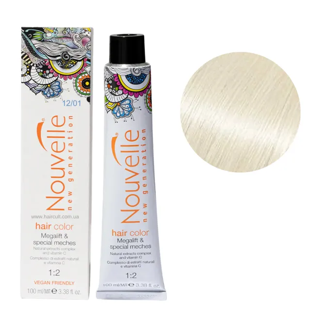 12/01 ультрасвітлий блондин плюс з попелястим відтінком Фарба для волосся перманентна, 100мл Permanent Hair Color Nouvelle