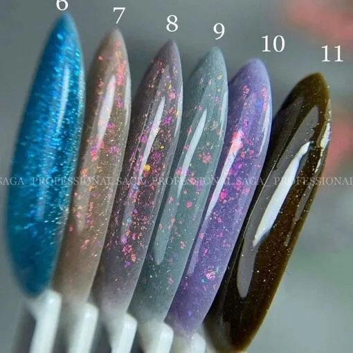 Гель-лак кришталева кішка з хлоп`ями юкі, 9 мл №09 Cat Shine Gel Polish SAGA Professional